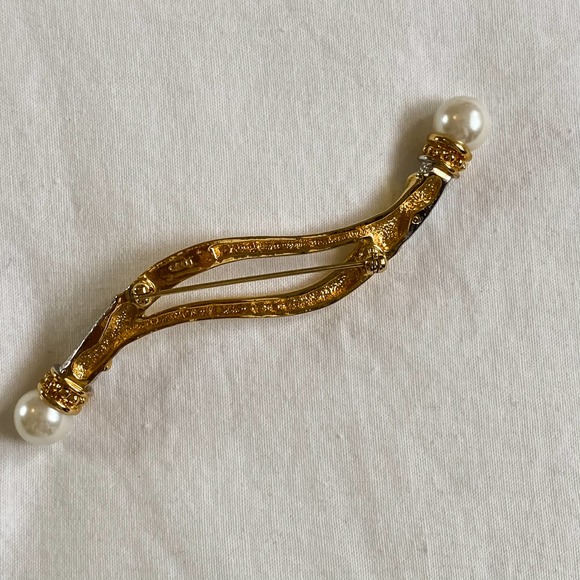 VTG Gold Pearl CZ Diamond Wavy Brooch Pin - Picture 4 of 8